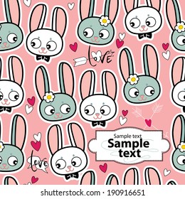 Cute seamless pattern with cartoon funny rabbits. Childish background. Holiday design.  Pattern with doodle. Vector kawaii illustration.