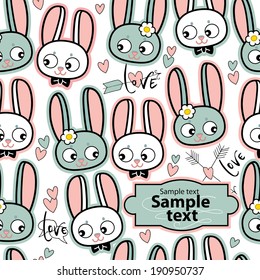 Cute seamless pattern with cartoon funny rabbits. Childish background. Holiday design.  Pattern with doodle. Vector kawaii illustration