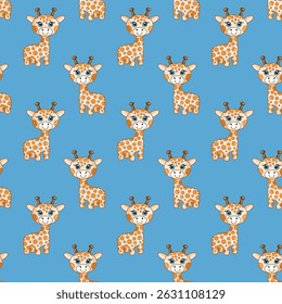 Cute seamless pattern with cartoon giraffes on blue background. Perfect for kids fabric, nursery decor, notebooks, baby shower items, wallpapers, packaging, and playful branding.