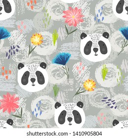 Cute seamless pattern with cartoon gray panda, colorful dots and flowers on grunge shapes background. Funny summer hand drawn asian bears texture for kids design, wallpaper, textile, wrapping paper