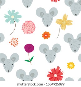 Cute seamless pattern with cartoon gray mouse heads and doodle childish flowers. Funny summer hand drawn rats and blossoms texture for kids design, wallpaper, textile, wrapping paper