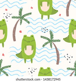 Cute seamless pattern with cartoon green crocodiles, palms, sea waves and red starfish. Funny summer hand drawn alligator texture for kids design, wallpaper, textile, wrapping paper