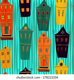 Cute seamless pattern with cartoon happy village  houses.Retro home background pattern in vector 
