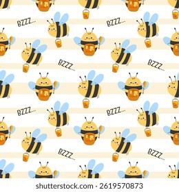 Cute seamless pattern with cute cartoon honey bee, buzzing text on striped background. Cute design for print, banner, card, fabric, cover, wrapping paper, wallpaper. Flat vector illustration