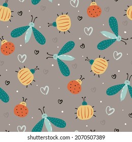 cute seamless pattern with cute cartoon of insect and hearts. for fabric print, kids wallpaper