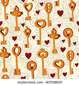 Cute seamless pattern with cartoon keys and hearts. Vector illustration.