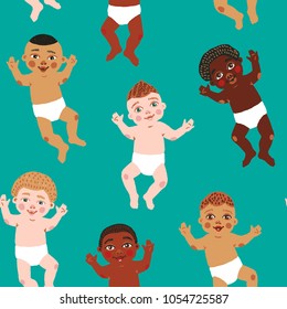 Cute seamless pattern with cartoon kids. Trendy baby background. Doodle style. Vector illustration.