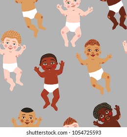 Cute seamless pattern with cartoon kids. Trendy baby background. Doodle style. Vector illustration.