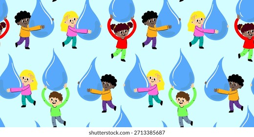 süße nahtlose Muster von Cartoon Kinder mit großen Wassertropfen Wiederholung Hintergrund Welt Wassertag Erhaltung Print Design ökologisches Bewusstsein