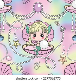 Cute seamless pattern cartoon a little mermaid sit in a shell and holding a big pearl decorate with starfish and gem
