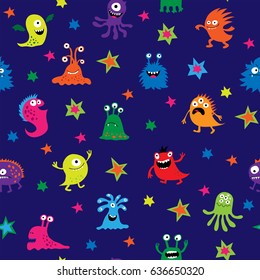 Cute seamless pattern with a cartoon monsters on a blue background