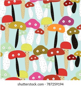 Cute seamless pattern cartoon mushroom character smile and satisfied,funny illustration by hand draw doodle comic style,design vector for any card background 