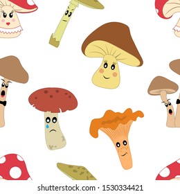 Cute seamless pattern with cartoon  mushrooms with different emotions on white background. Vector illustration