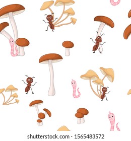 Cute seamless pattern with cartoon mushrooms and happy insects.