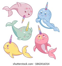 Cute seamless pattern with cartoon narwhal character. Marine animal narval, character baby fairytale unicorn narwhal. Narvals diferent color on white background. Vector illustration