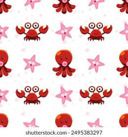 Cute seamless pattern with cartoon octopus starfish and crab underwater animal picture