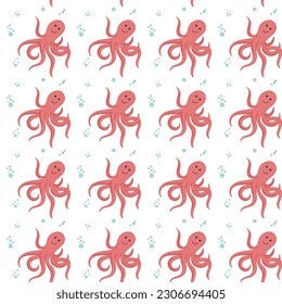 Cute seamless Pattern with cartoon Octopuses. Summer sea background with Sea creatures. Great for printing on fabrics, covers