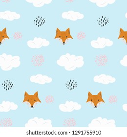 Cute seamless pattern with cartoon orange fox and dotted circles in blue sky background. Funny hand drawn foxy and textured balls texture for kids design, wallpaper, textile, wrapping paper