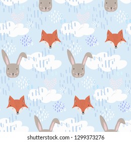 Cute seamless pattern with cartoon orange fox and gray hare heads on blue sky with clouds background. Funny hand drawn foxy and rabbit texture for kids design, wallpaper, textile, wrapping paper