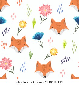 Cute seamless pattern with cartoon orange foxes, colorful dots and childish flowers. Funny summer hand drawn foxy texture for kids design, wallpaper, textile, wrapping paper