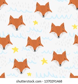 Cute seamless pattern with cartoon orange foxes, stars and waves on white background. Funny hand drawn fox texture for kids design, wallpaper, textile, wrapping paper