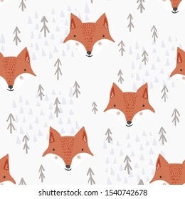 Cute seamless pattern with cartoon orange fox heads, brown fir trees and light mountains. Funny hand drawn foxes texture for kids design, wallpaper, textile, wrapping paper