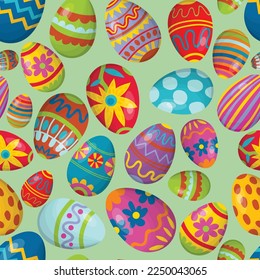 Cute seamless pattern of cartoon ornamental Happy Easter eggs. Clip art set of spring holiday treat. Infinity background with eggs with zig zag lines, dots, striped, with flowers, polka dot.