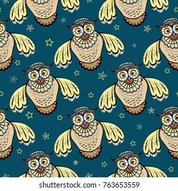 Cute seamless pattern with cartoon owls and stars