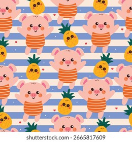 Lindo cerdo de dibujos animados sin fisuras con traje de baño naranja con dibujo de personajes de piña Patrón animal con fondo de rayas azules