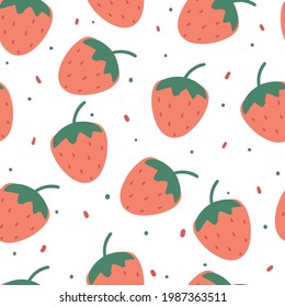 Cute seamless pattern with cartoon pink strawberry for fabric print, textile, gift wrapping paper. colorful vector for kids, flat style