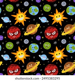 Lindo patrón sin fisuras con el planeta de dibujos animados y la imagen del objeto espacial