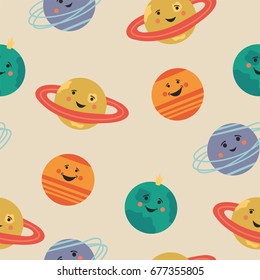 Cute seamless pattern with cartoon planets. Fun space!