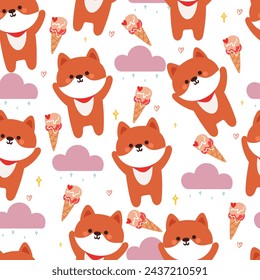 cute seamless pattern cartoon puppy with clouds and cute dessert. animal wallpaper for kids, textile, fabric print, gift wrap paper