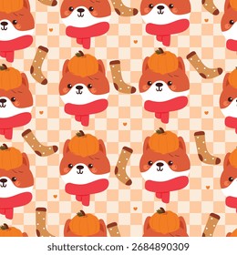 bonitinho sem emenda padrão de desenhos animados filhote com abóbora e outono elemento desenho em xadrez estilo de fundo