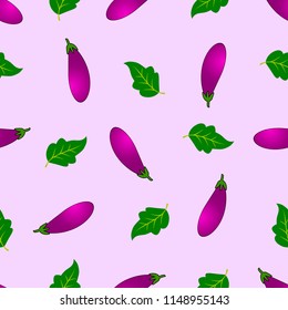 cute seamless pattern with cartoon purple eggplant and green leaves on light colored background, cute fresh aubergine vegetable wallpaper vector illustration