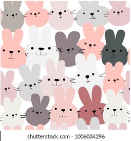 Cute seamless pattern cartoon rabbit bunny,funny character smile and satisfied by freehand draw doodle comic style,lovely pink grey or pastel colorful animal set vector design,for card background