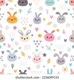 Cute seamless pattern with cartoon rabbits. Kawaii bunny. Hand drawn floral background with cute animals. Vector illustration