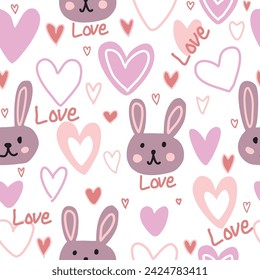Lindo patrón sin costuras con conejos de dibujos animados. Pink y rojo dibujado a mano corazones y letras de amor, utilizado para papel pintado Textiles y estampados
