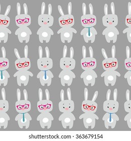 Cute seamless pattern with cartoon rabbits wearing glasses and tie.