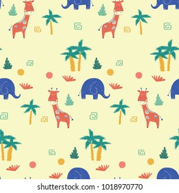 Cute seamless pattern with cartoon safari animals jiraffe and elephant.african design background.