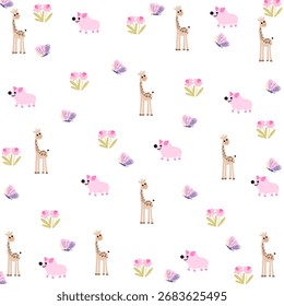 Cute seamless pattern with cartoon safari animals