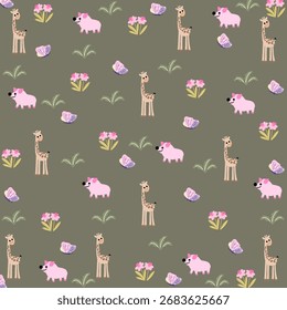 Nettes, nahtloses Muster mit Cartoon-Safari-Tieren