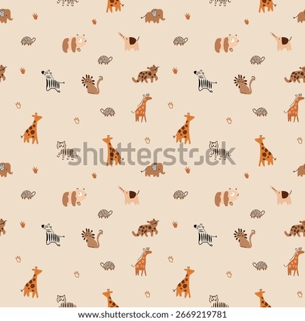 Cute seamless pattern with cartoon safari animals including giraffes, elephants, zebras, and turtles.