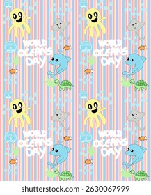 Cute seamless pattern with cartoon sea animals and 'World Oceans Day' text. Includes dolphin, octopus, whale, turtle, and shells. Perfect for kids and environmental themes