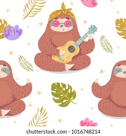 cute seamless pattern with cartoon sloth in lotus pose and playing ukulele with tropical leaves and flowers