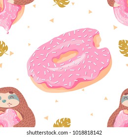 cute seamless pattern with cartoon sloth, donut and tropical leaves .wrapping paper pattern