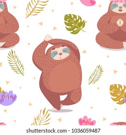 cute seamless pattern with cartoon sloth in yoga poses a with tropical leaves and flowers