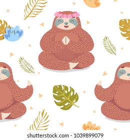 cute seamless pattern with cartoon sloth in yoga poses a with tropical leaves and flowers