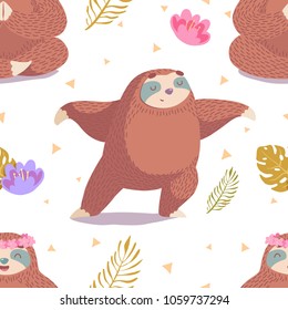 cute seamless pattern with cartoon sloth in yoga poses a with tropical leaves and flowers