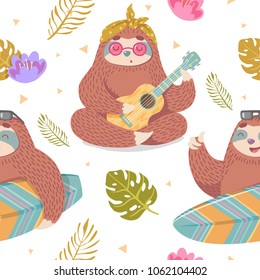 cute seamless pattern with cartoon sloth with surfing board and playing ukulele with tropical leaves and flowers